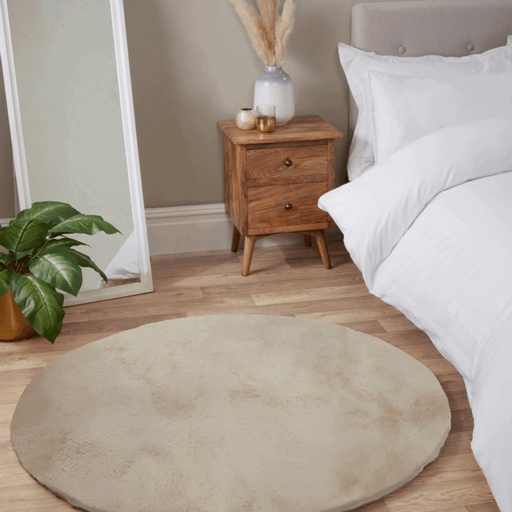 Luxe Faux Fur Modern Plain Circle Rug in Natural Beige